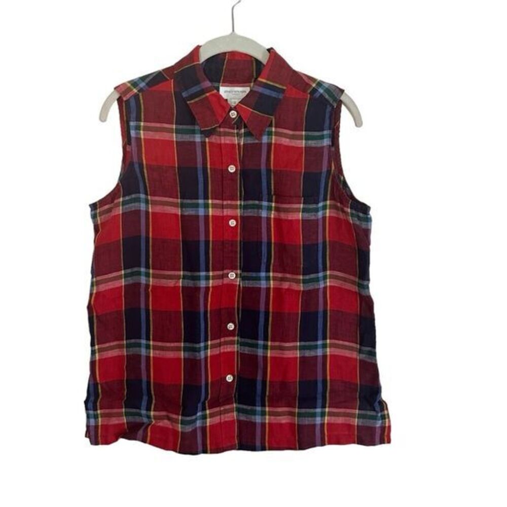 Jones New York Sport Top Women 8 Red Plaid Linen Sleeveless Button Up Classic